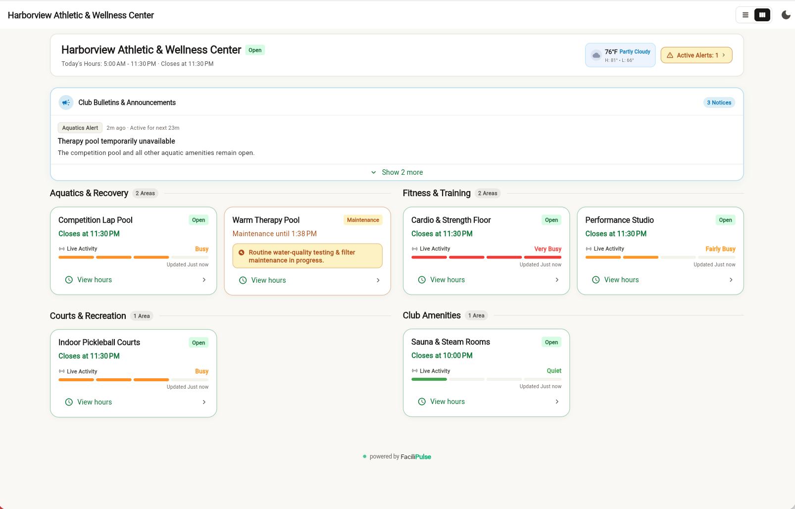 Harborview Athletic and Wellness Center live status page showing bulletins, current hours, weather, alerts, and facility area activity