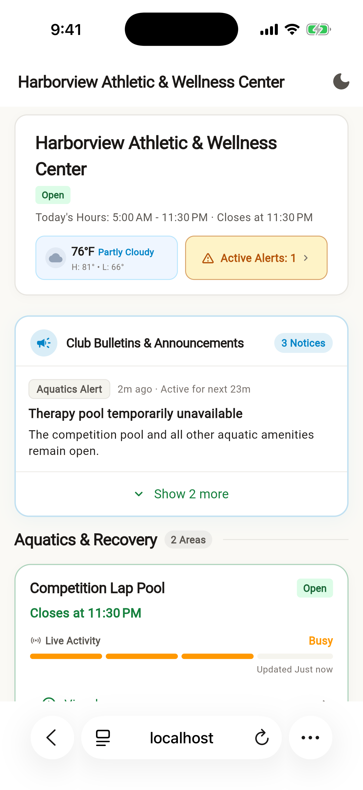 FaciliPulse status page on an iPhone showing Harborview facility hours, weather, alerts, bulletins, and live activity